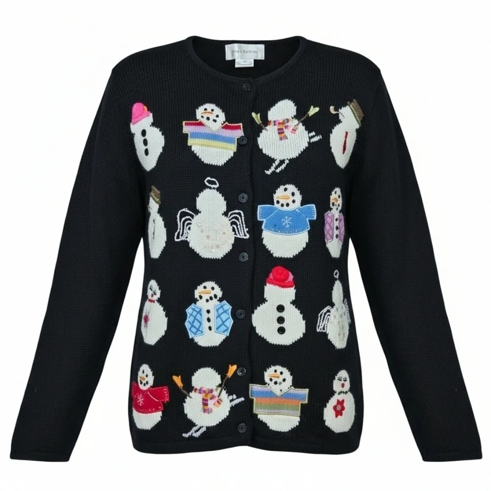 NEW Susan Bristol Embellished Beaded Snowmen Black Cardigan Sweater Medium
